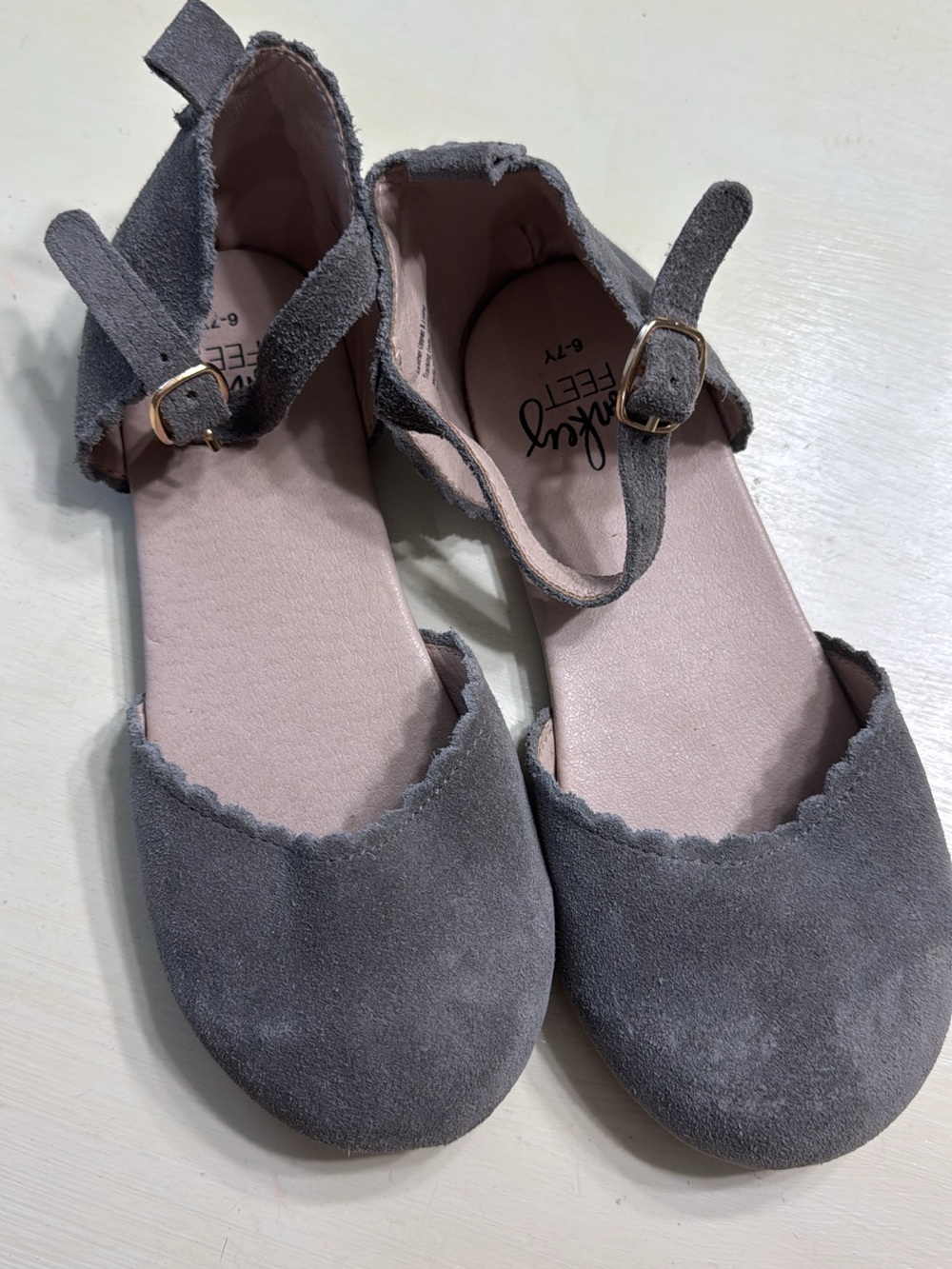 Monkey Feet Girls Gray Suede Scalloped Ankle-Strap Flats